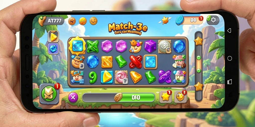 Screenshot gameplay AT777 menunjukkan momen seru mencocokkan elemen Match-3.