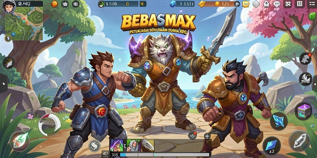 Screenshot gameplay utama dari BEBASMAX yang menampilkan aksi petualangan RPG.