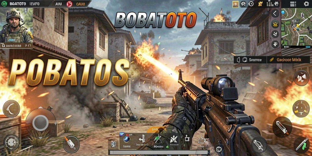 Tampilan gameplay seru dalam BOBATOTO yang menunjukkan aksi menembak.