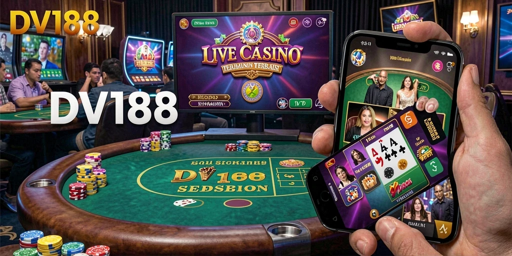 Screenshot gameplay DV188 menampilkan dealer langsung yang beraksi di meja kasino.