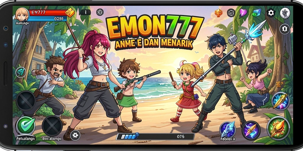 Screenshot gameplay EMON777 menampilkan aksi karakter anime yang menarik.