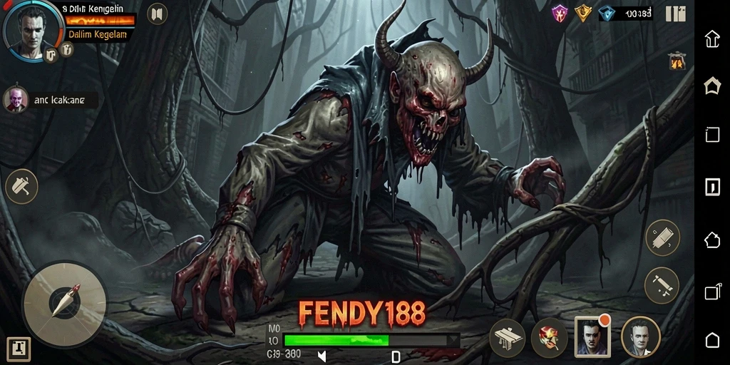 Tangkapan layar menampilkan gameplay FENDY188 dengan suasana horor yang mencekam.