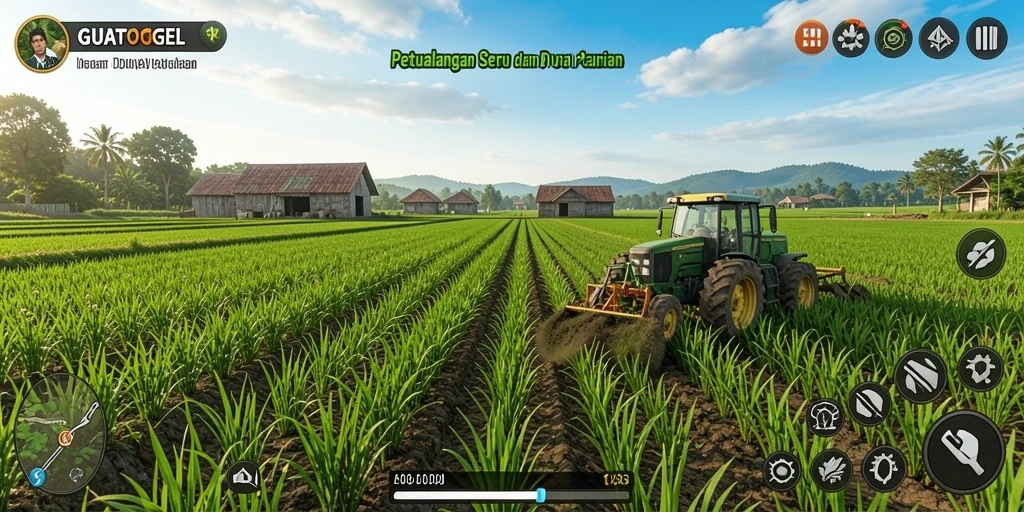 Gameplay GUATOGEL yang menampilkan kebun yang indah.