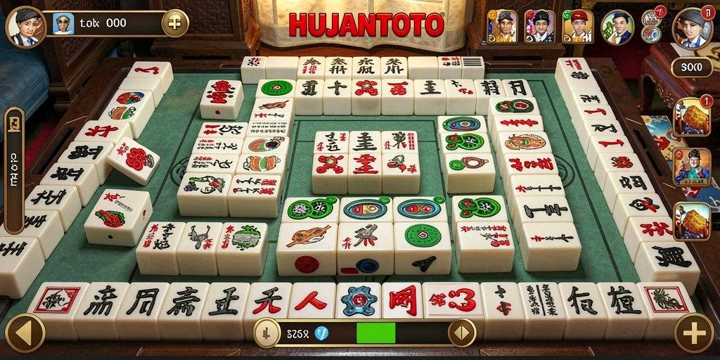 Tampilan gameplay HUJANTOTO dengan ubin Mahjong yang berwarna-warni.