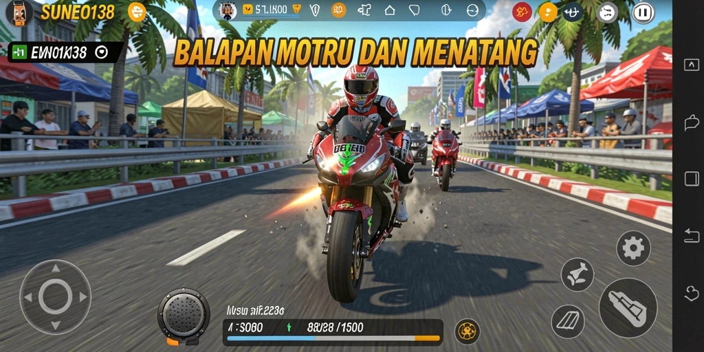 Tampilan gameplay seru SUNEO138 dalam balapan motor.