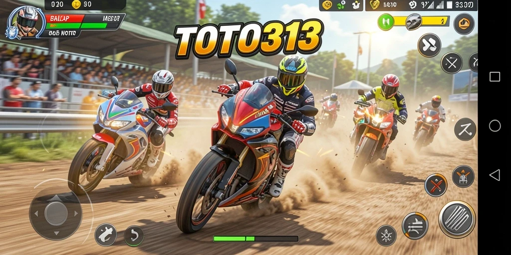 Screenshot TOTO313 menunjukkan balapan motor yang mendebarkan di trek dengan detail tinggi.