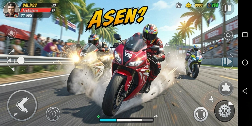 Screenshot gameplay V98 dengan balapan motor yang mendebarkan.