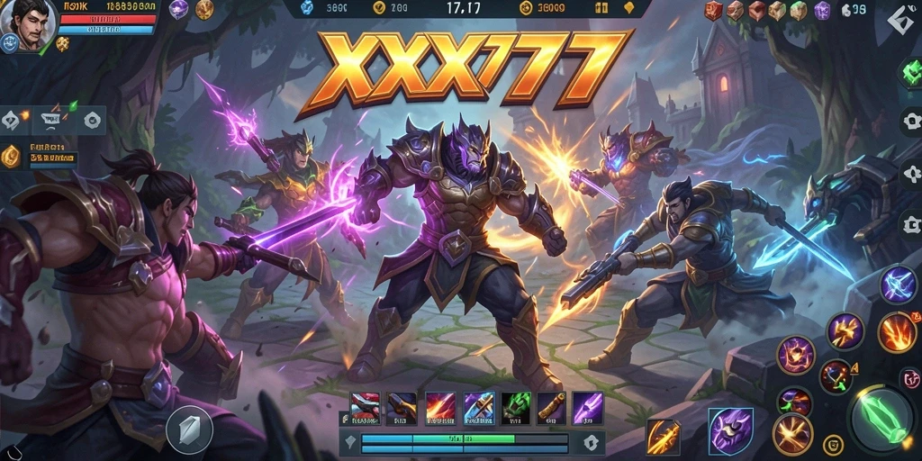 Tangkapan layar gameplay XXX777 menampilkan pertarungan seru antar tim di arena.